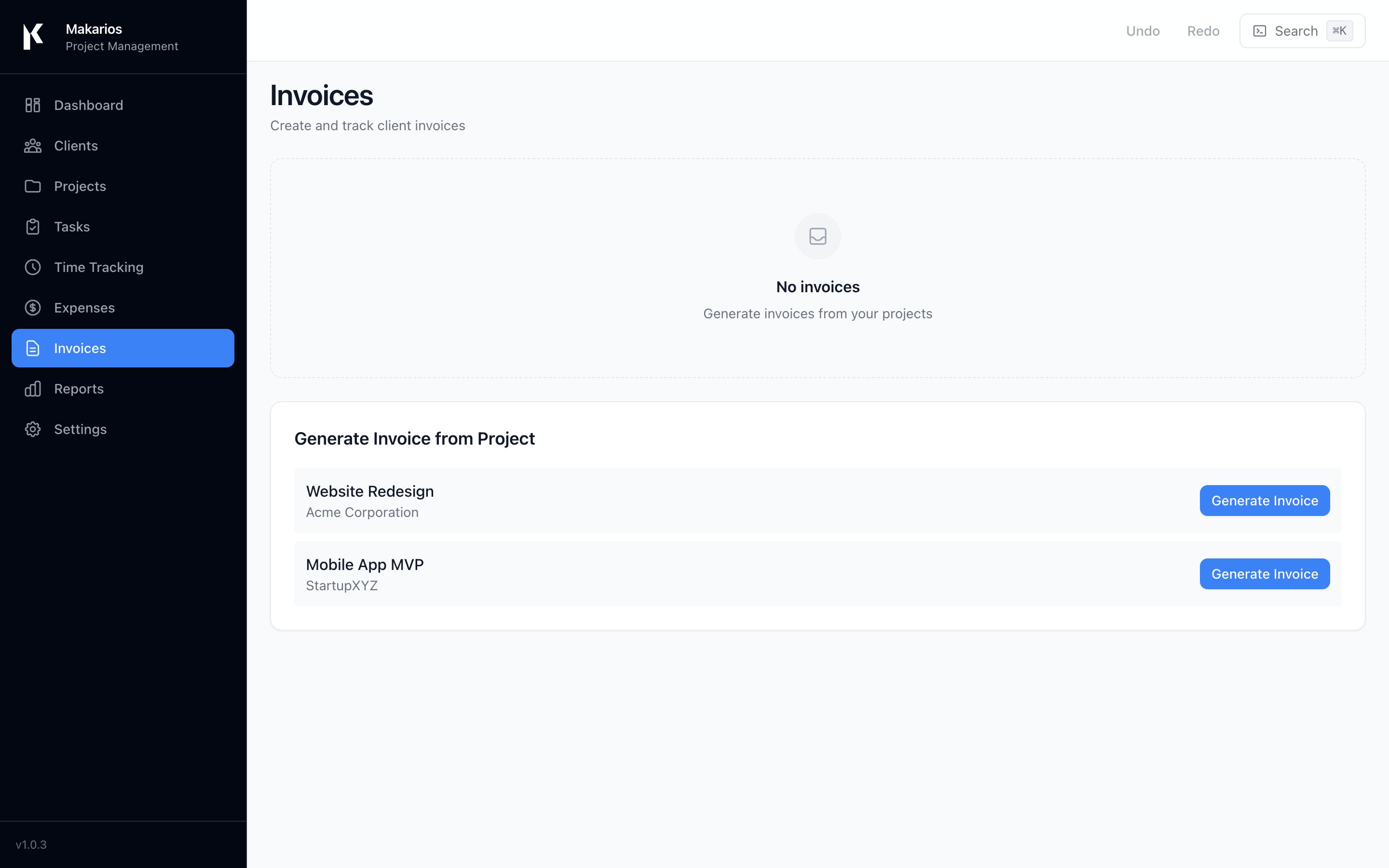 Makarios invoices generated from tracked time entries