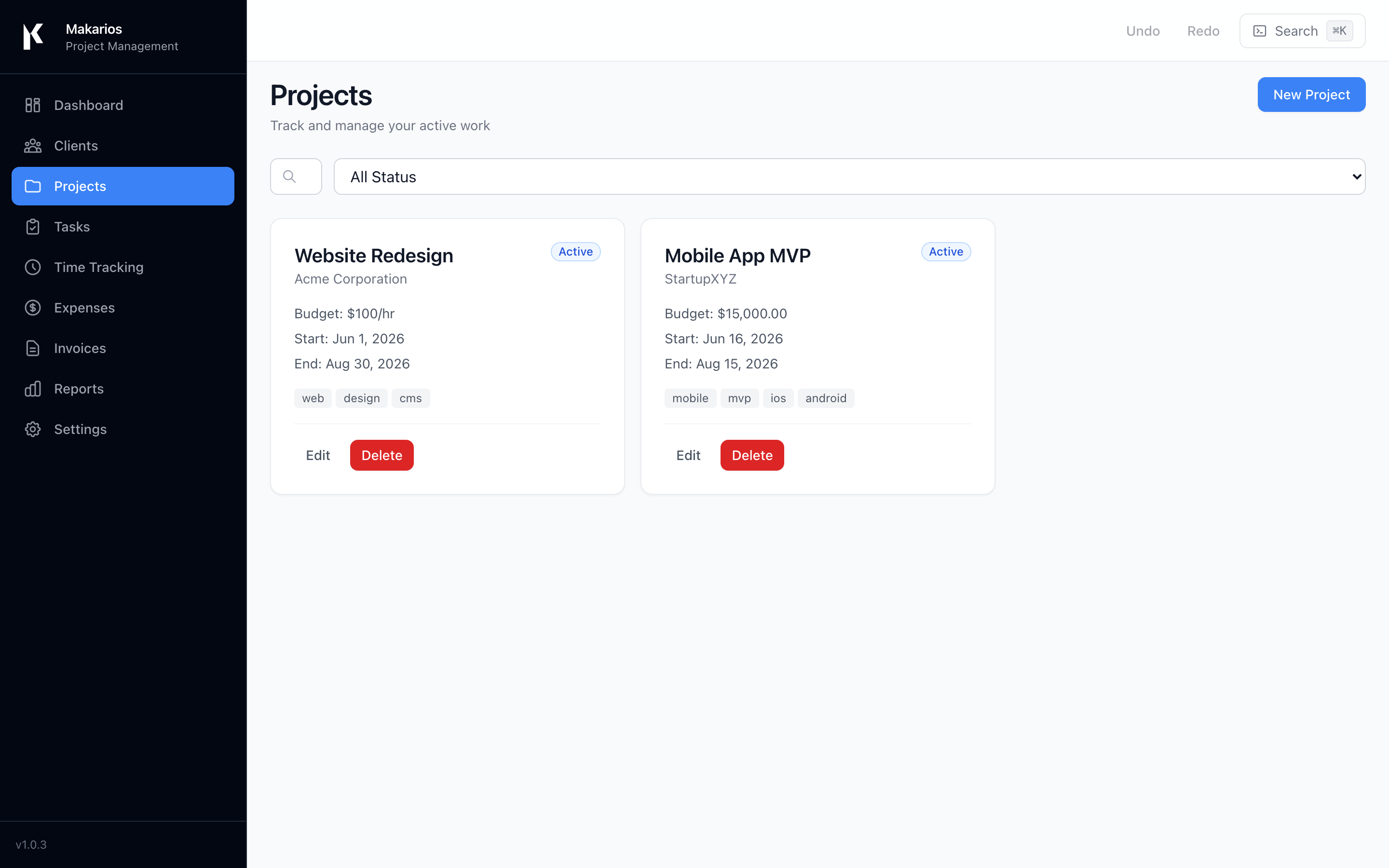 Makarios projects page with scope, budget, and client details