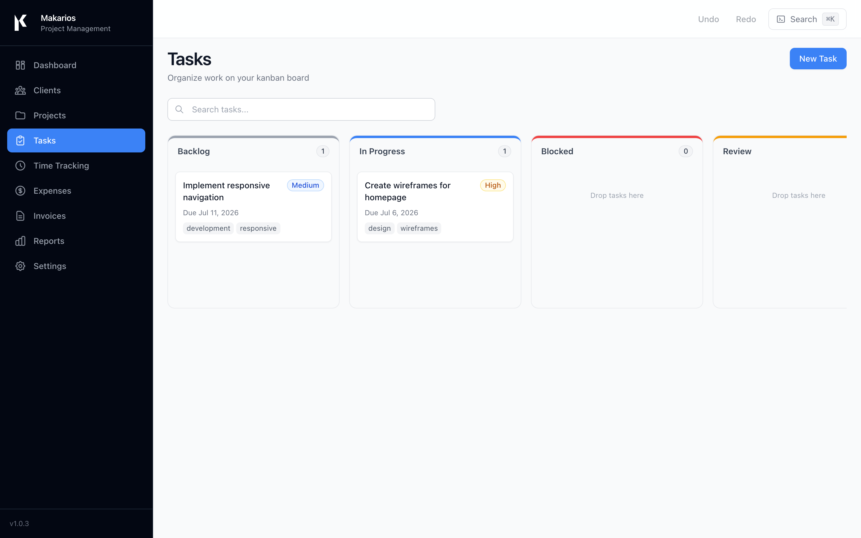 Makarios Kanban board with task columns, priorities, and due dates