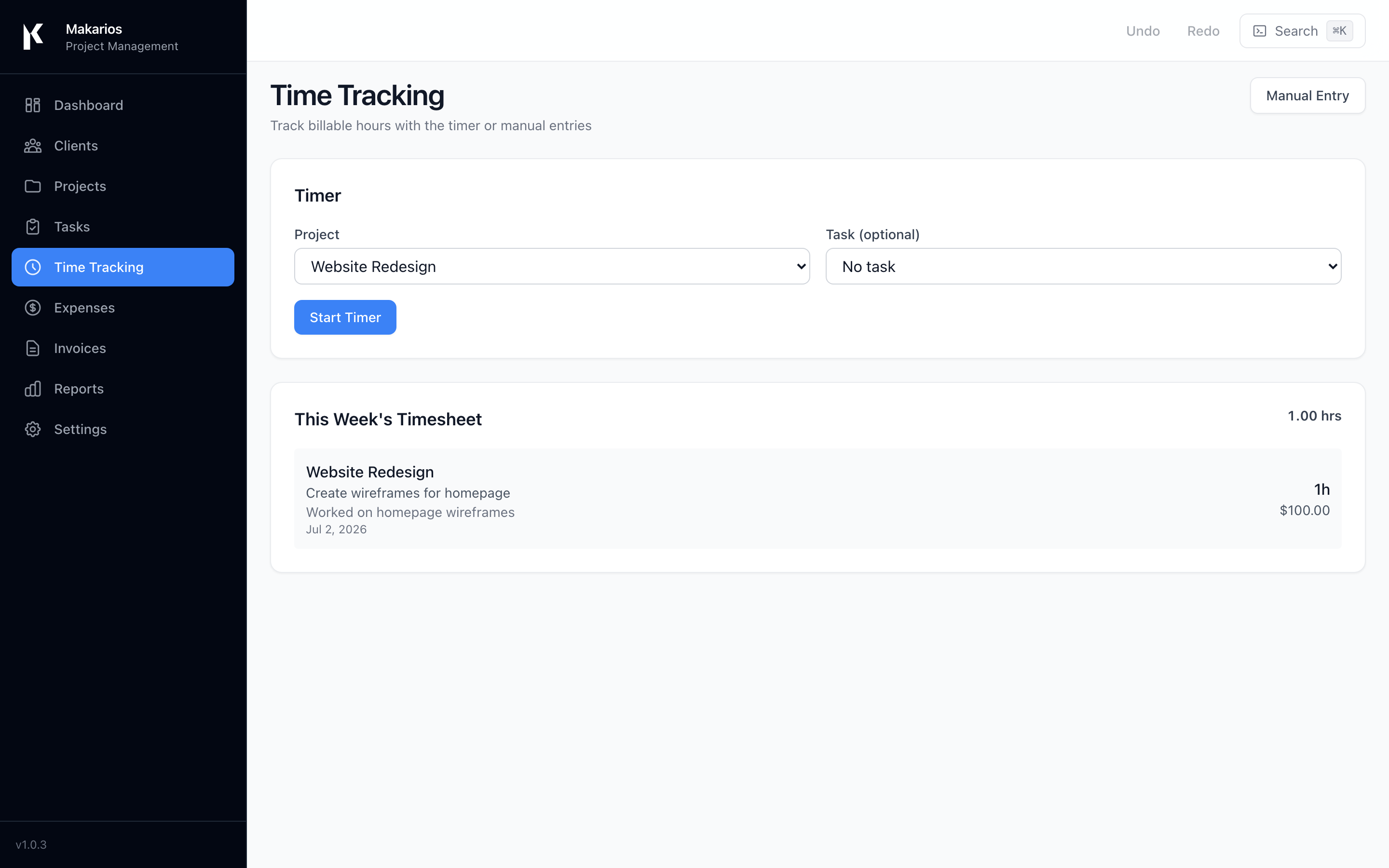 Makarios time tracking page with running timer and weekly timesheet