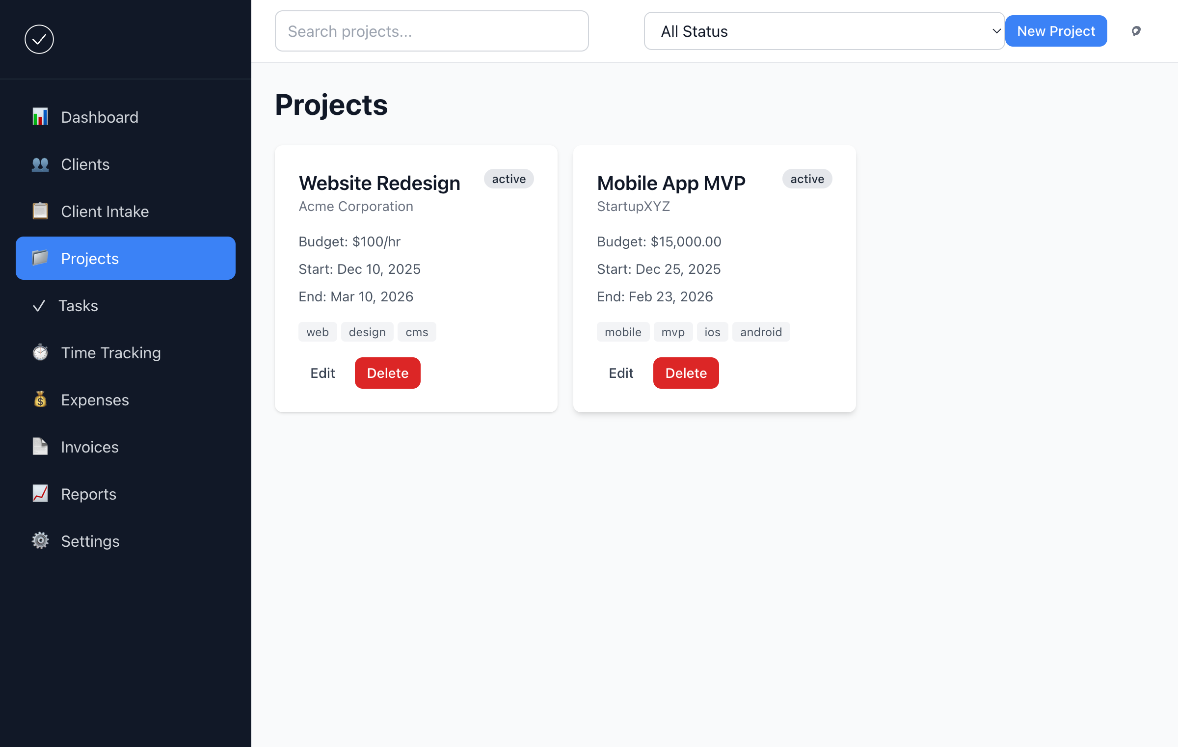 Workflow Templates feature demo - Projects page showing project templates