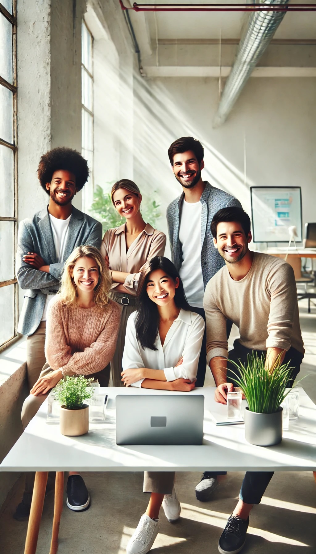 Three smiling team members sitting together at a modern office table with laptops and notebooks, collaborating in a bright workspace with plants and Makarios Agency branding visible on the wall, conveying a friendly and welcoming atmosphere